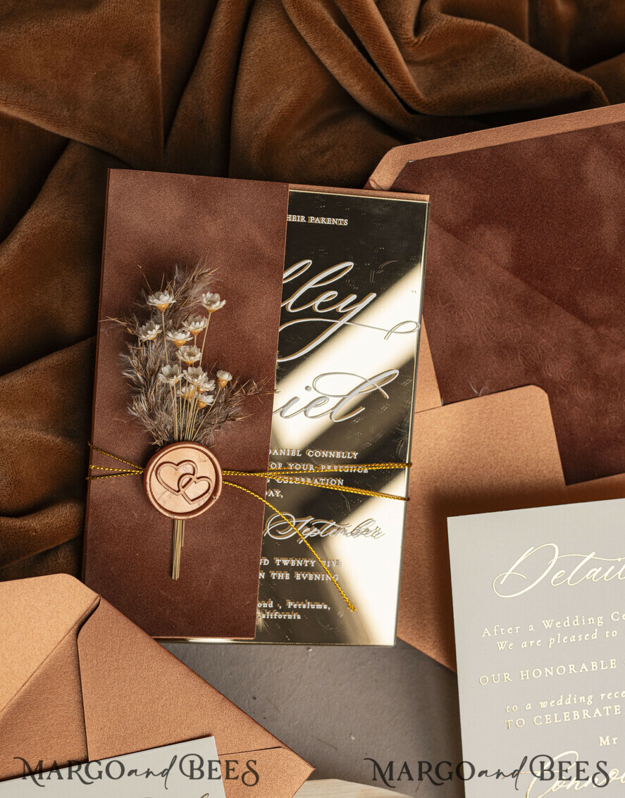 WEDDING INVITATIONS plexi acrylic mirror Fall Mirror gold Wedding Invitations, Elegant Terracotta Wedding Cards, Burnt orange Acrylic Wedding Invites, Mirror Gold Plexi Wedding Invitation Suite