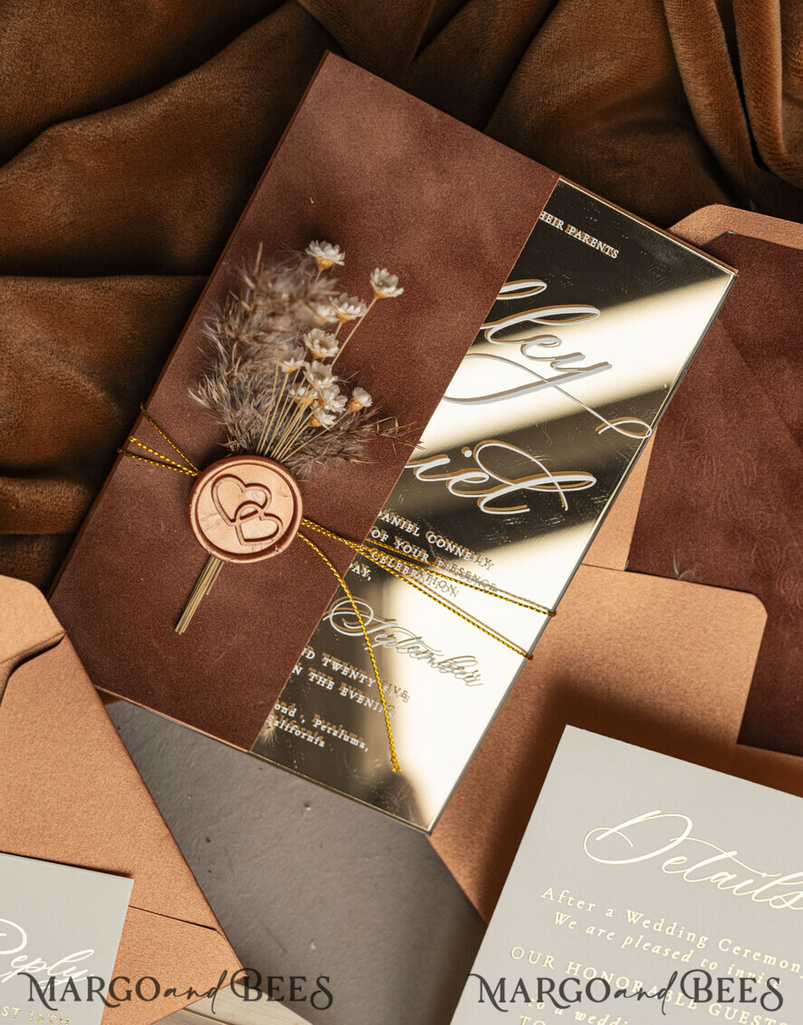 WEDDING INVITATIONS plexi acrylic mirror Fall Mirror gold Wedding Invitations, Elegant Terracotta Wedding Cards, Burnt orange Acrylic Wedding Invites, Mirror Gold Plexi Wedding Invitation Suite