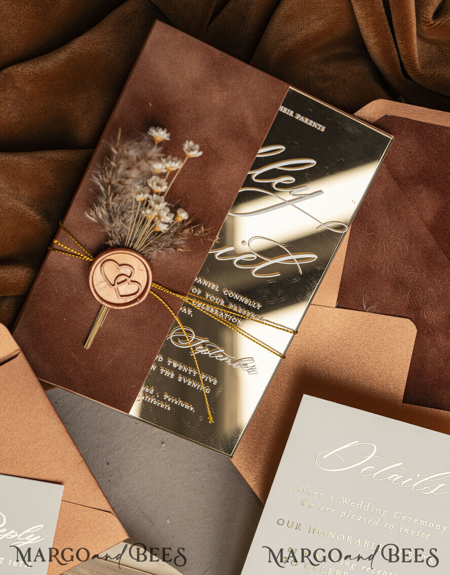 WEDDING INVITATIONS plexi acrylic mirror Fall Mirror gold Wedding Invitations, Elegant Terracotta Wedding Cards, Burnt orange Acrylic Wedding Invites, Mirror Gold Plexi Wedding Invitation Suite