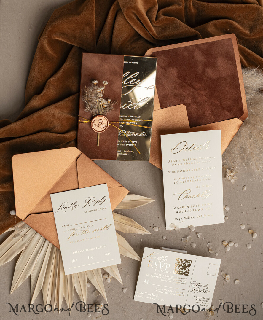 WEDDING INVITATIONS plexi acrylic mirror Fall Mirror gold Wedding Invitations, Elegant Terracotta Wedding Cards, Burnt orange Acrylic Wedding Invites, Mirror Gold Plexi Wedding Invitation Suite