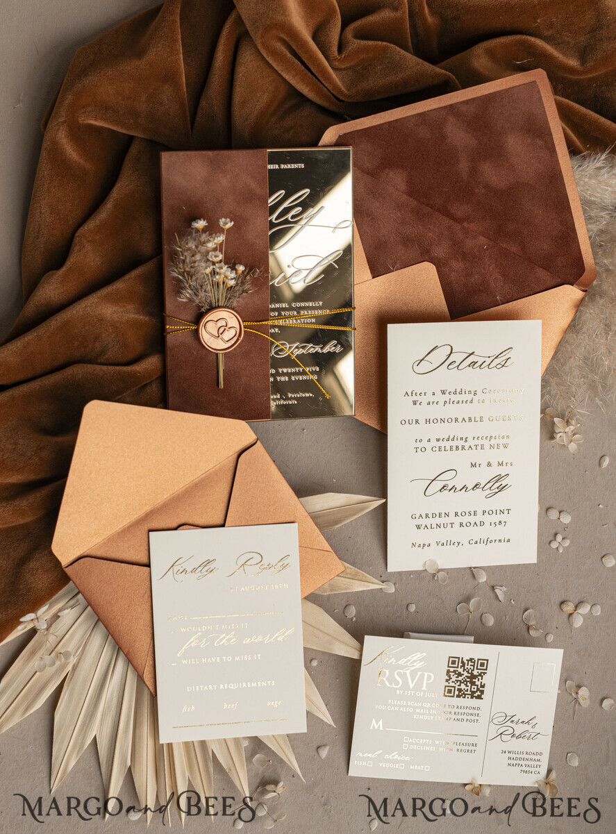 WEDDING INVITATIONS plexi acrylic mirror Fall Mirror gold Wedding Invitations, Elegant Terracotta Wedding Cards, Burnt orange Acrylic Wedding Invites, Mirror Gold Plexi Wedding Invitation Suite