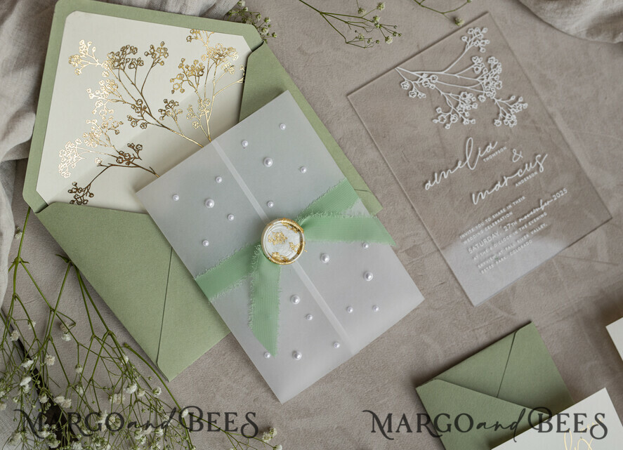 WEDDING INVITATIONS plexi acrylic mirror Sage Green Frozen Transparent Baby Breath Wedding Invitations, Elegant Garden Gypsophila Wedding Cards, Greenery Acrylic Wedding Invites, Clear Plexi Wedding Invitation Suite