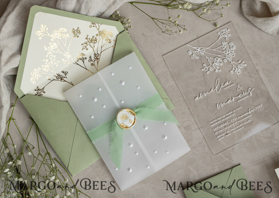 WEDDING INVITATIONS plexi acrylic mirror Sage Green Frozen Transparent Baby Breath Wedding Invitations, Elegant Garden Gypsophila Wedding Cards, Greenery Acrylic Wedding Invites, Clear Plexi Wedding Invitation Suite