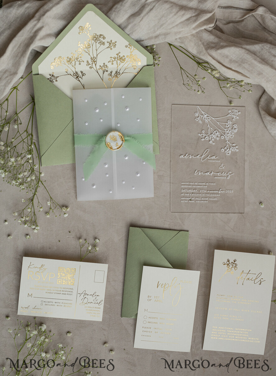WEDDING INVITATIONS plexi acrylic mirror Sage Green Frozen Transparent Baby Breath Wedding Invitations, Elegant Garden Gypsophila Wedding Cards, Greenery Acrylic Wedding Invites, Clear Plexi Wedding Invitation Suite