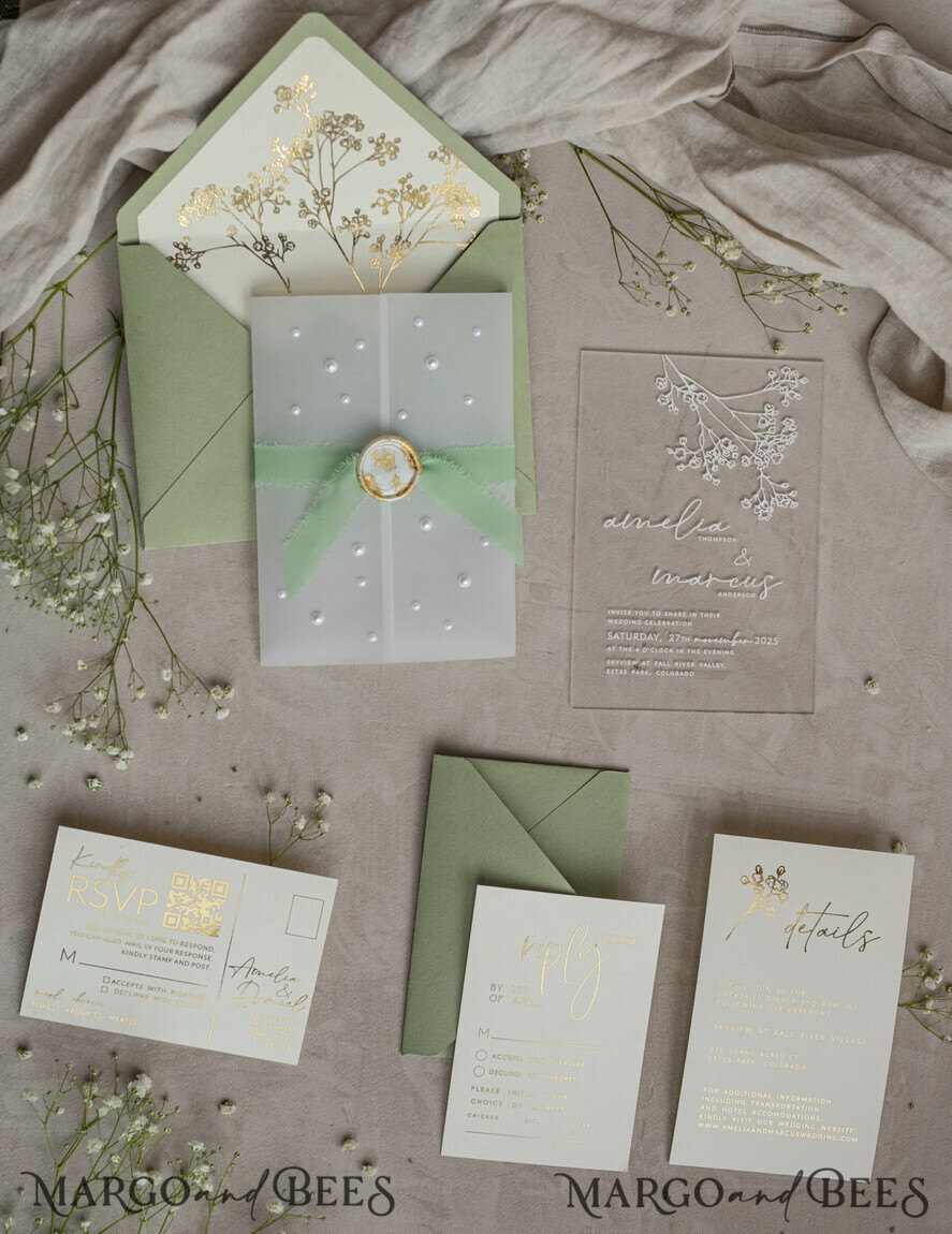 WEDDING INVITATIONS plexi acrylic mirror Sage Green Frozen Transparent Baby Breath Wedding Invitations, Elegant Garden Gypsophila Wedding Cards, Greenery Acrylic Wedding Invites, Clear Plexi Wedding Invitation Suite