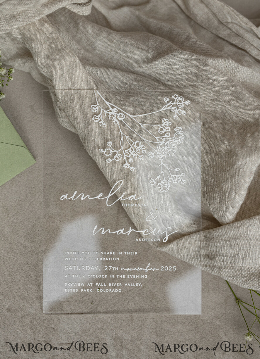 WEDDING INVITATIONS plexi acrylic mirror Sage Green Frozen Transparent Baby Breath Wedding Invitations, Elegant Garden Gypsophila Wedding Cards, Greenery Acrylic Wedding Invites, Clear Plexi Wedding Invitation Suite