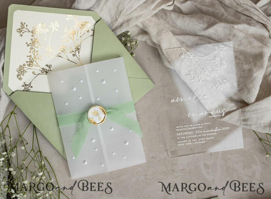 WEDDING INVITATIONS plexi acrylic mirror Sage Green Frozen Transparent Baby Breath Wedding Invitations, Elegant Garden Gypsophila Wedding Cards, Greenery Acrylic Wedding Invites, Clear Plexi Wedding Invitation Suite