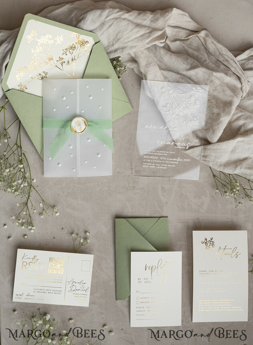 WEDDING INVITATIONS plexi acrylic mirror Sage Green Frozen Transparent Baby Breath Wedding Invitations, Elegant Garden Gypsophila Wedding Cards, Greenery Acrylic Wedding Invites, Clear Plexi Wedding Invitation Suite