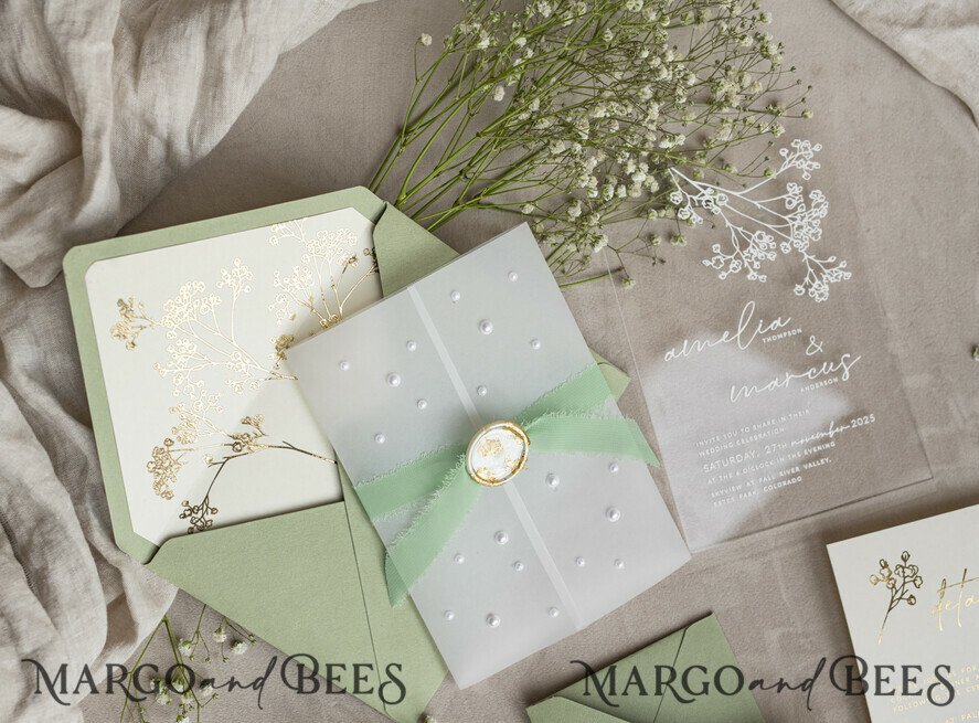 WEDDING INVITATIONS plexi acrylic mirror Sage Green Frozen Transparent Baby Breath Wedding Invitations, Elegant Garden Gypsophila Wedding Cards, Greenery Acrylic Wedding Invites, Clear Plexi Wedding Invitation Suite