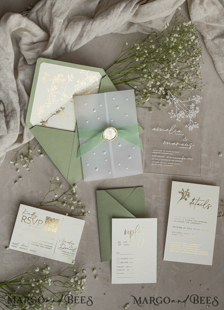 WEDDING INVITATIONS plexi acrylic mirror Sage Green Frozen Transparent Baby Breath Wedding Invitations, Elegant Garden Gypsophila Wedding Cards, Greenery Acrylic Wedding Invites, Clear Plexi Wedding Invitation Suite