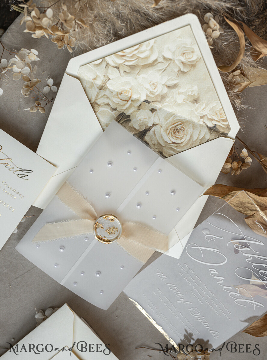 WEDDING INVITATIONS plexi acrylic mirror Ivory Beaded Wrapping Wedding Invitations, Elegant Clear Acrylic Wedding Cards, Plexi Transparent Wedding Invites, Wedding Invitation Suite with Pearls