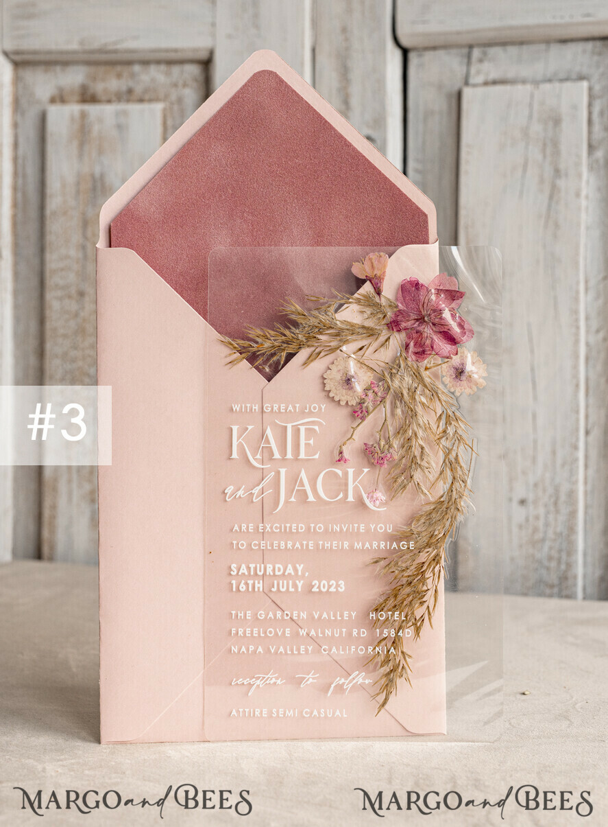 WEDDING INVITATIONS plexi acrylic mirror Blush Pink Clear real flowers Wedding Invitations, Elegant Garden pampass gras Wedding Cards, Velvet transparent Wedding Invites, Wedding Invitation Suite