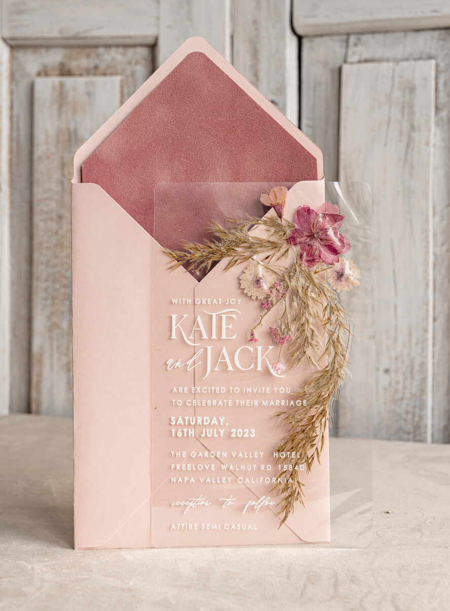 WEDDING INVITATIONS plexi acrylic mirror Blush Pink Clear real flowers Wedding Invitations, Elegant Garden pampass gras Wedding Cards, Velvet transparent Wedding Invites, Wedding Invitation Suite