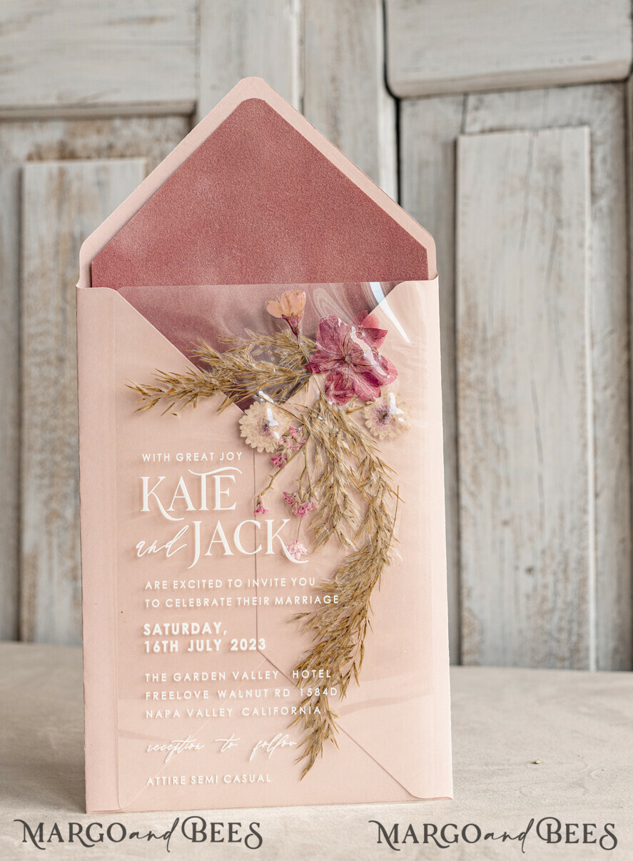 WEDDING INVITATIONS plexi acrylic mirror Blush Pink Clear real flowers Wedding Invitations, Elegant Garden pampass gras Wedding Cards, Velvet transparent Wedding Invites, Wedding Invitation Suite
