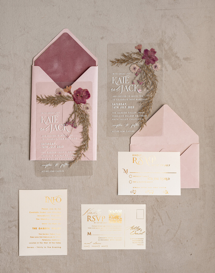 WEDDING INVITATIONS plexi acrylic mirror Blush Pink Clear real flowers Wedding Invitations, Elegant Garden pampass gras Wedding Cards, Velvet transparent Wedding Invites, Wedding Invitation Suite