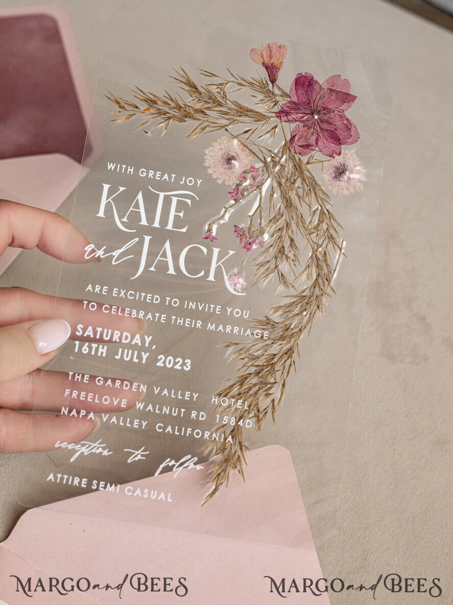 WEDDING INVITATIONS plexi acrylic mirror Blush Pink Clear real flowers Wedding Invitations, Elegant Garden pampass gras Wedding Cards, Velvet transparent Wedding Invites, Wedding Invitation Suite