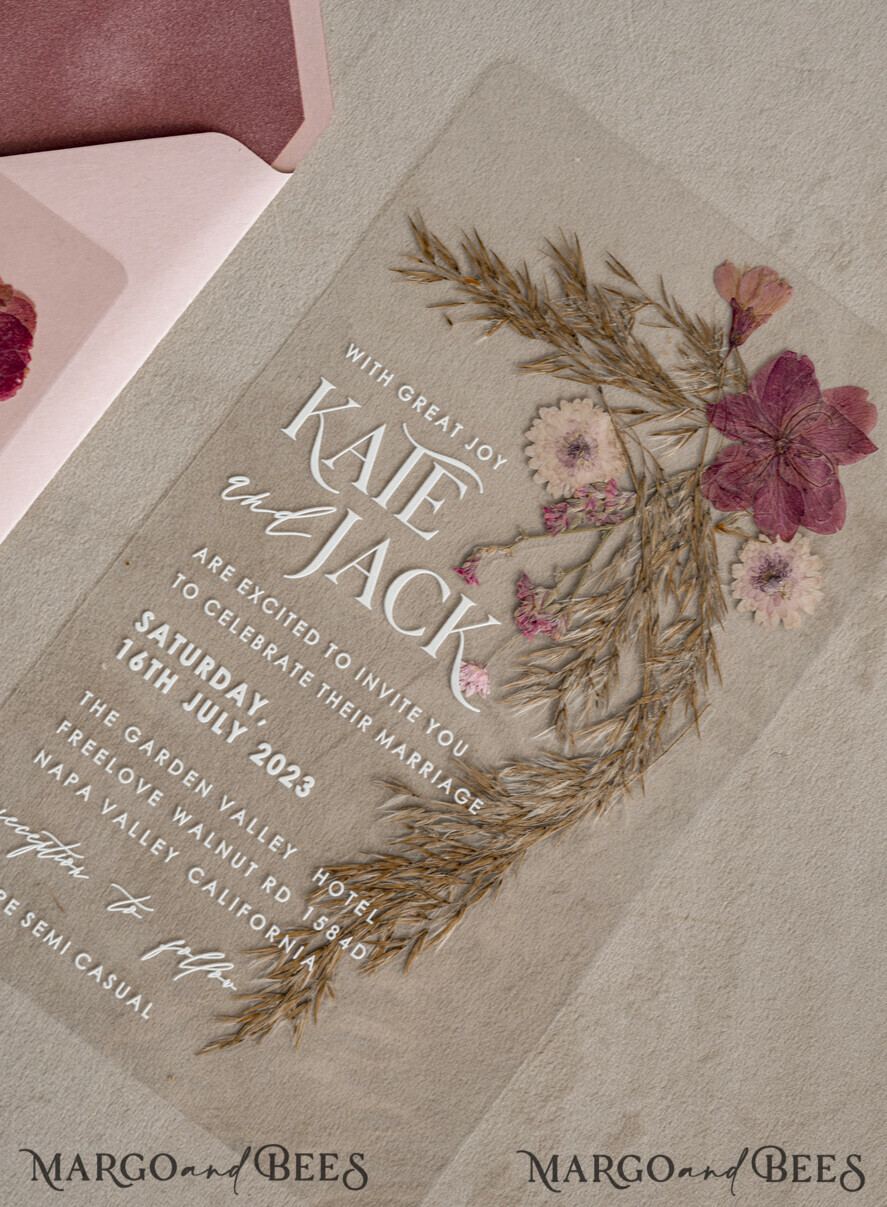 WEDDING INVITATIONS plexi acrylic mirror Blush Pink Clear real flowers Wedding Invitations, Elegant Garden pampass gras Wedding Cards, Velvet transparent Wedding Invites, Wedding Invitation Suite