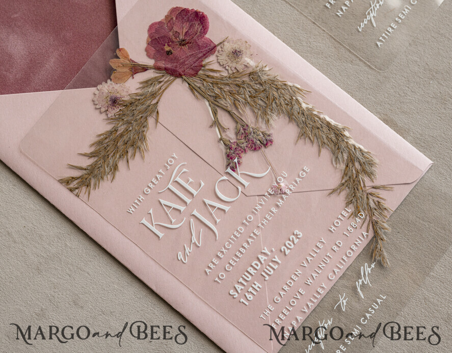 WEDDING INVITATIONS plexi acrylic mirror Blush Pink Clear real flowers Wedding Invitations, Elegant Garden pampass gras Wedding Cards, Velvet transparent Wedding Invites, Wedding Invitation Suite