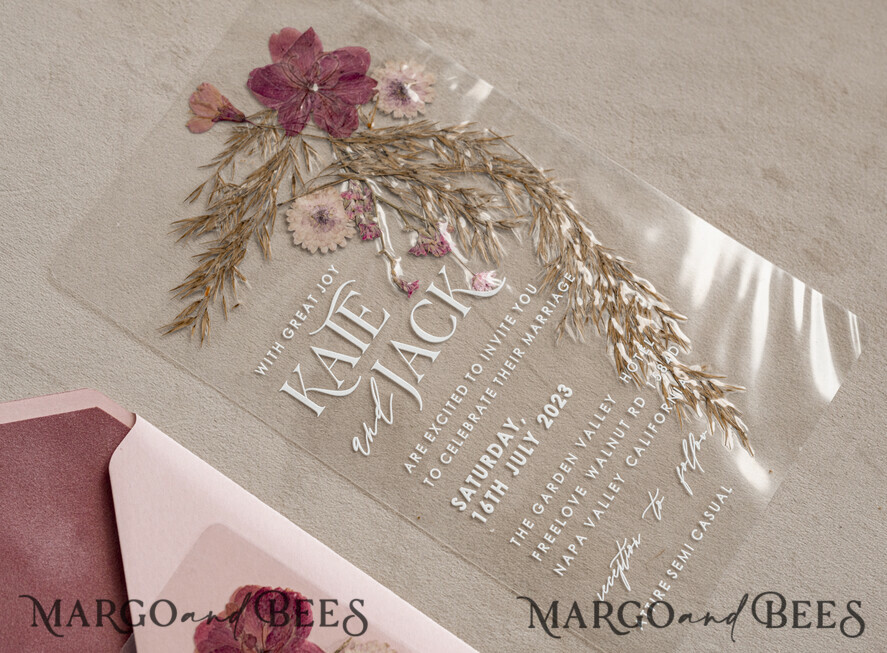 WEDDING INVITATIONS plexi acrylic mirror Blush Pink Clear real flowers Wedding Invitations, Elegant Garden pampass gras Wedding Cards, Velvet transparent Wedding Invites, Wedding Invitation Suite