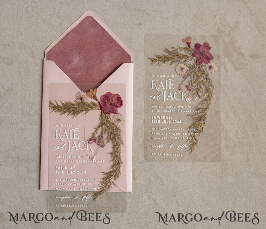 WEDDING INVITATIONS plexi acrylic mirror Blush Pink Clear real flowers Wedding Invitations, Elegant Garden pampass gras Wedding Cards, Velvet transparent Wedding Invites, Wedding Invitation Suite