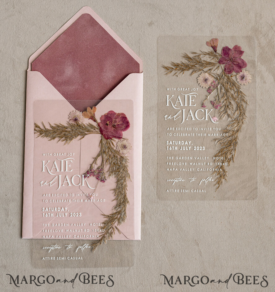 WEDDING INVITATIONS plexi acrylic mirror Blush Pink Clear real flowers Wedding Invitations, Elegant Garden pampass gras Wedding Cards, Velvet transparent Wedding Invites, Wedding Invitation Suite