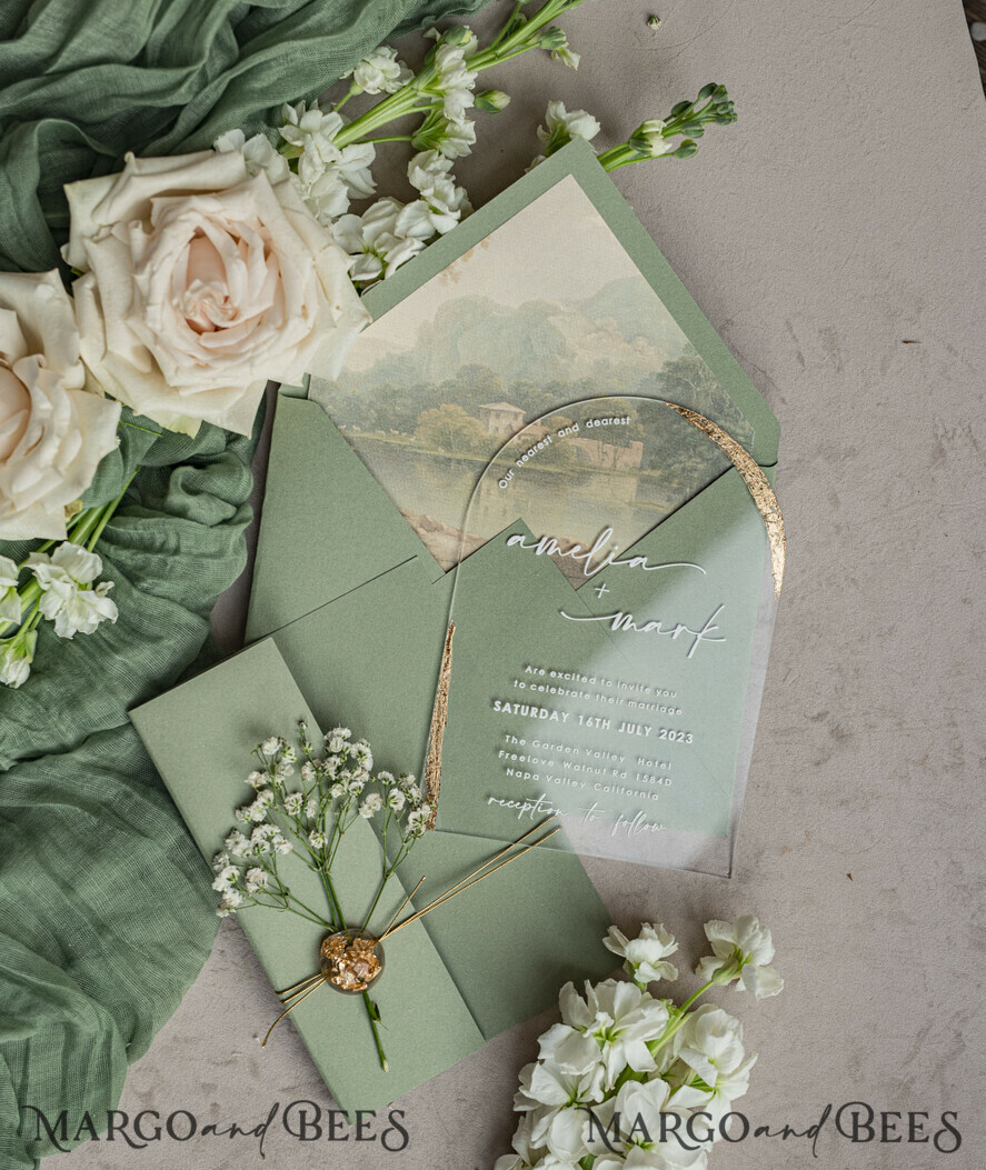 WEDDING INVITATIONS plexi acrylic mirror Sage Green Clear Arched Wedding Invitations, Elegant Garden Wedding Cards, Greenery Acrylic transparent Wedding Invites, Arch Plexi Wedding Invitation Suite