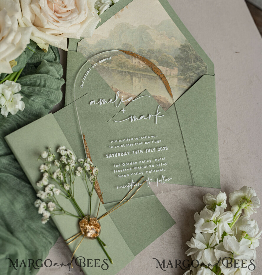 WEDDING INVITATIONS plexi acrylic mirror Sage Green Clear Arched Wedding Invitations, Elegant Garden Wedding Cards, Greenery Acrylic transparent Wedding Invites, Arch Plexi Wedding Invitation Suite