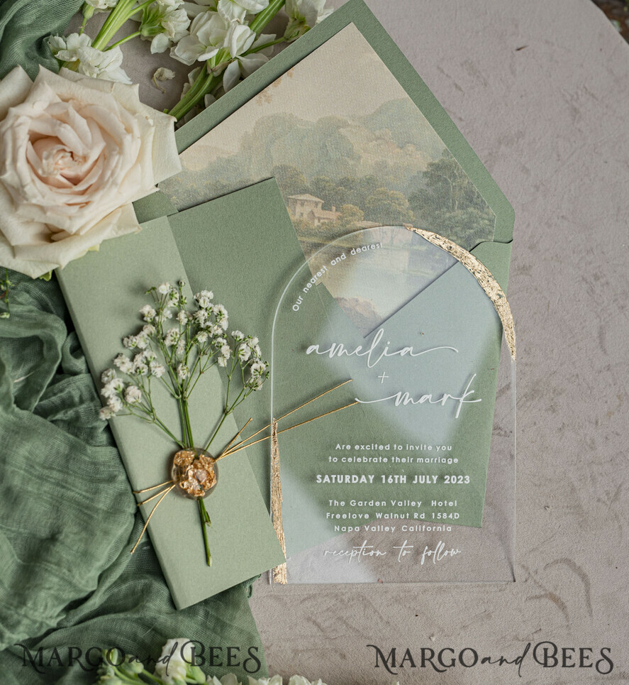 WEDDING INVITATIONS plexi acrylic mirror Sage Green Clear Arched Wedding Invitations, Elegant Garden Wedding Cards, Greenery Acrylic transparent Wedding Invites, Arch Plexi Wedding Invitation Suite