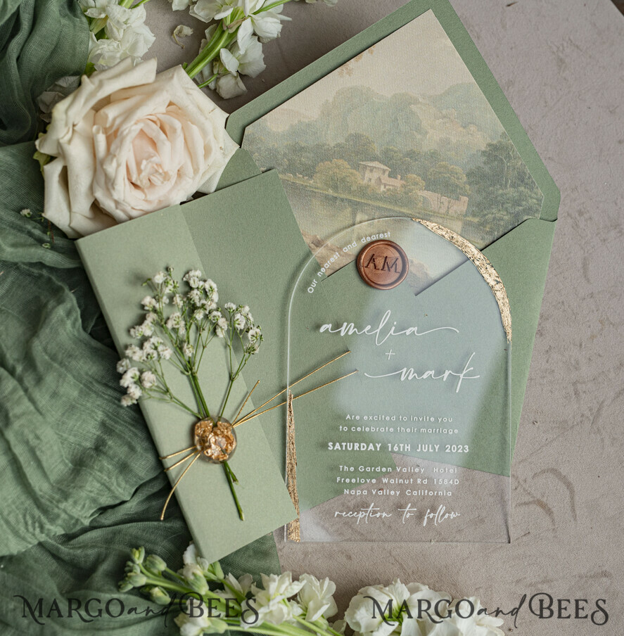 WEDDING INVITATIONS plexi acrylic mirror Sage Green Clear Arched Wedding Invitations, Elegant Garden Wedding Cards, Greenery Acrylic transparent Wedding Invites, Arch Plexi Wedding Invitation Suite