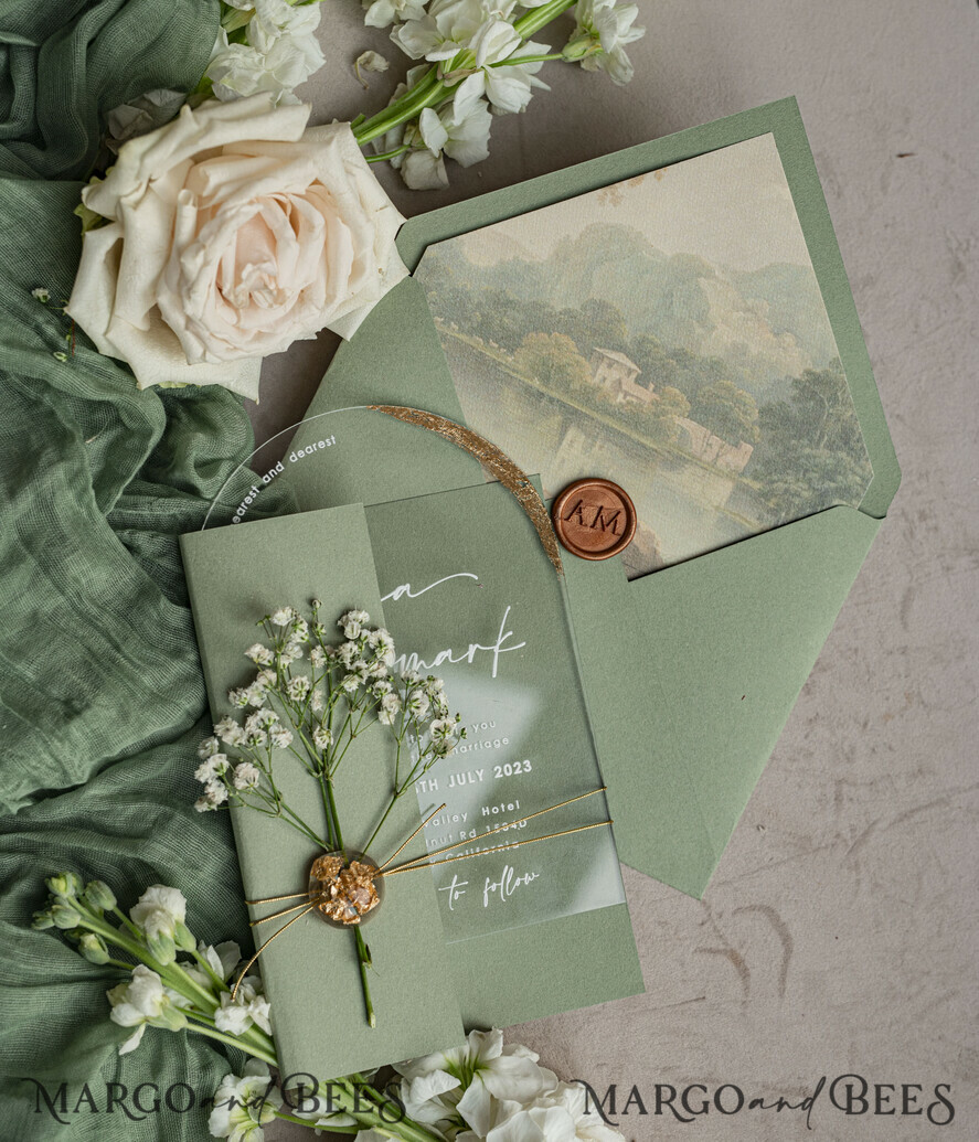 WEDDING INVITATIONS plexi acrylic mirror Sage Green Clear Arched Wedding Invitations, Elegant Garden Wedding Cards, Greenery Acrylic transparent Wedding Invites, Arch Plexi Wedding Invitation Suite