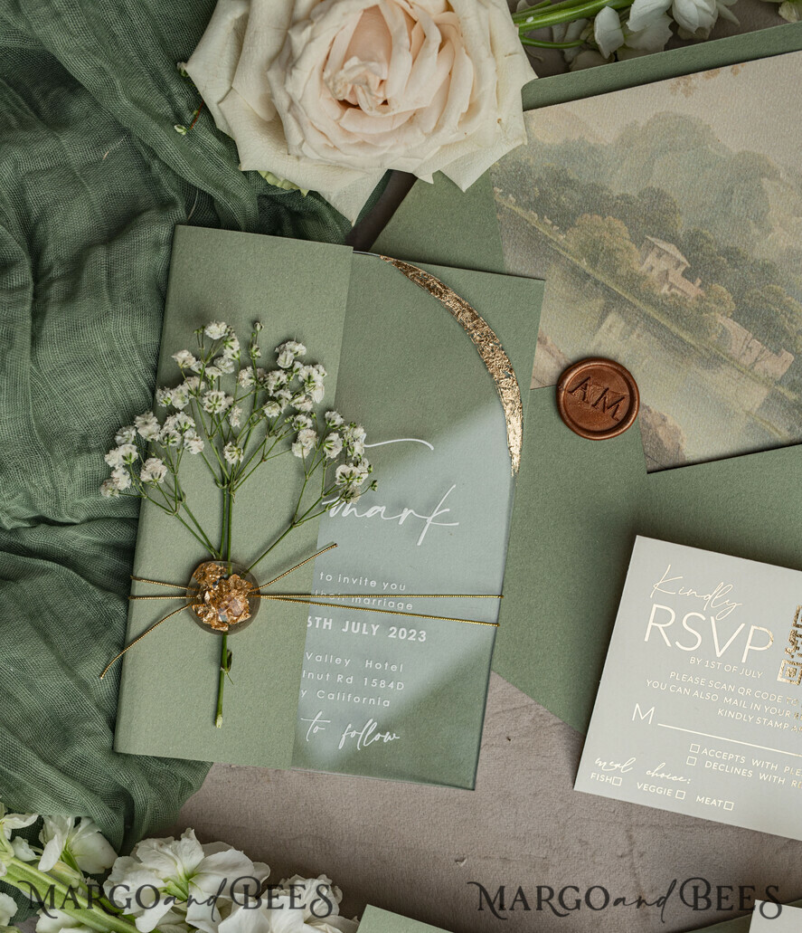 WEDDING INVITATIONS plexi acrylic mirror Sage Green Clear Arched Wedding Invitations, Elegant Garden Wedding Cards, Greenery Acrylic transparent Wedding Invites, Arch Plexi Wedding Invitation Suite