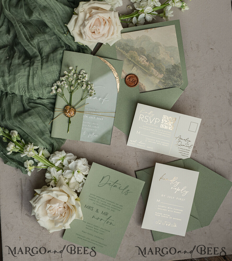 WEDDING INVITATIONS plexi acrylic mirror Sage Green Clear Arched Wedding Invitations, Elegant Garden Wedding Cards, Greenery Acrylic transparent Wedding Invites, Arch Plexi Wedding Invitation Suite