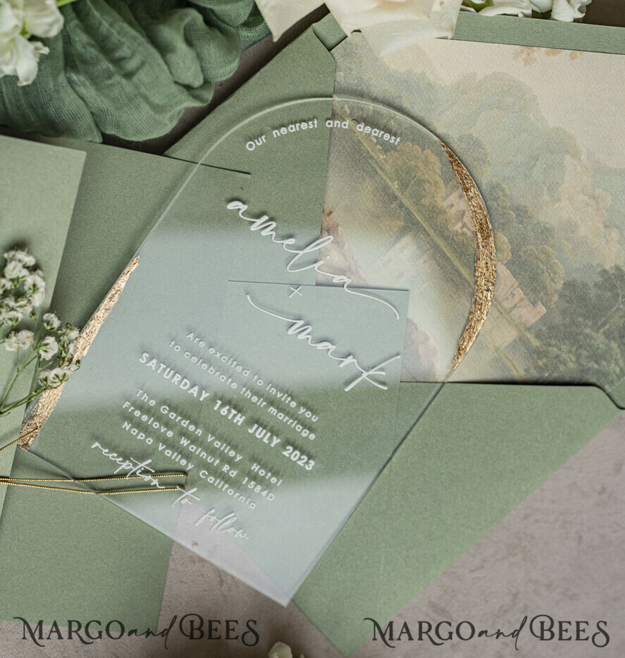 WEDDING INVITATIONS plexi acrylic mirror Sage Green Clear Arched Wedding Invitations, Elegant Garden Wedding Cards, Greenery Acrylic transparent Wedding Invites, Arch Plexi Wedding Invitation Suite