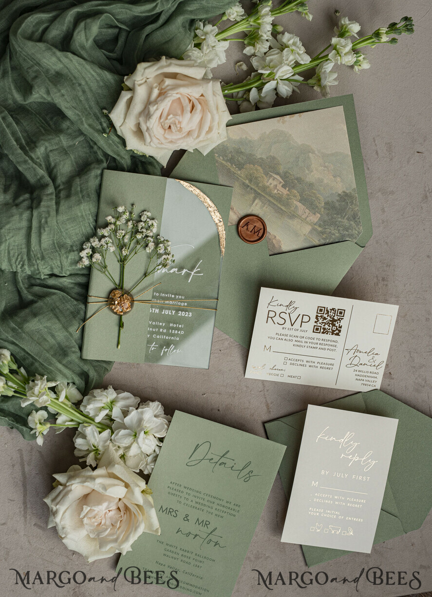 WEDDING INVITATIONS plexi acrylic mirror Sage Green Clear Arched Wedding Invitations, Elegant Garden Wedding Cards, Greenery Acrylic transparent Wedding Invites, Arch Plexi Wedding Invitation Suite