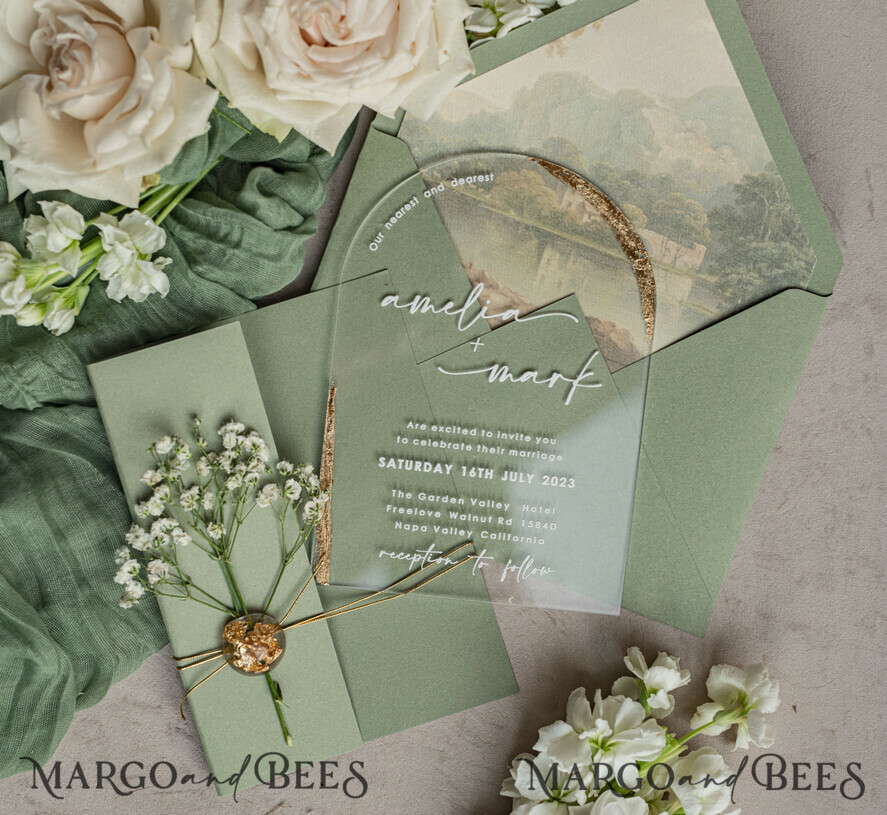 WEDDING INVITATIONS plexi acrylic mirror Sage Green Clear Arched Wedding Invitations, Elegant Garden Wedding Cards, Greenery Acrylic transparent Wedding Invites, Arch Plexi Wedding Invitation Suite