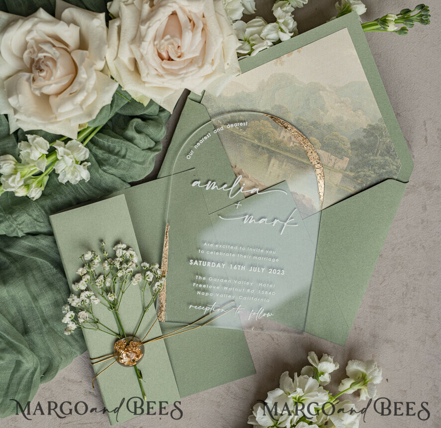 WEDDING INVITATIONS plexi acrylic mirror Sage Green Clear Arched Wedding Invitations, Elegant Garden Wedding Cards, Greenery Acrylic transparent Wedding Invites, Arch Plexi Wedding Invitation Suite