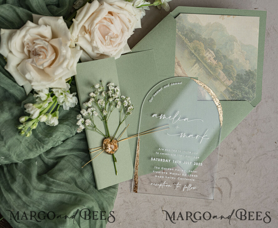 WEDDING INVITATIONS plexi acrylic mirror Sage Green Clear Arched Wedding Invitations, Elegant Garden Wedding Cards, Greenery Acrylic transparent Wedding Invites, Arch Plexi Wedding Invitation Suite
