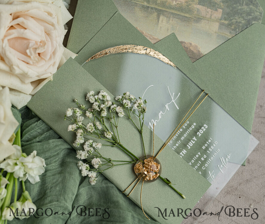 WEDDING INVITATIONS plexi acrylic mirror Sage Green Clear Arched Wedding Invitations, Elegant Garden Wedding Cards, Greenery Acrylic transparent Wedding Invites, Arch Plexi Wedding Invitation Suite
