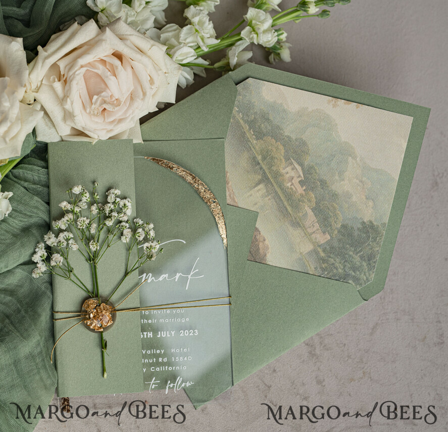 WEDDING INVITATIONS plexi acrylic mirror Sage Green Clear Arched Wedding Invitations, Elegant Garden Wedding Cards, Greenery Acrylic transparent Wedding Invites, Arch Plexi Wedding Invitation Suite