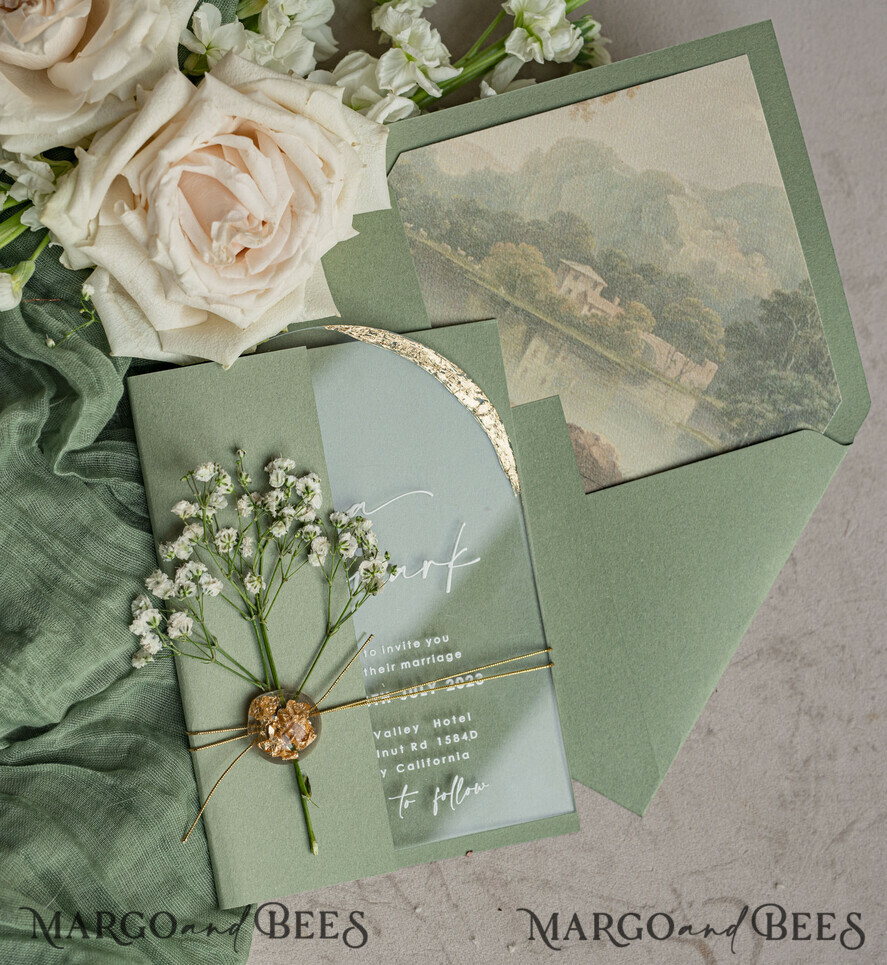 WEDDING INVITATIONS plexi acrylic mirror Sage Green Clear Arched Wedding Invitations, Elegant Garden Wedding Cards, Greenery Acrylic transparent Wedding Invites, Arch Plexi Wedding Invitation Suite