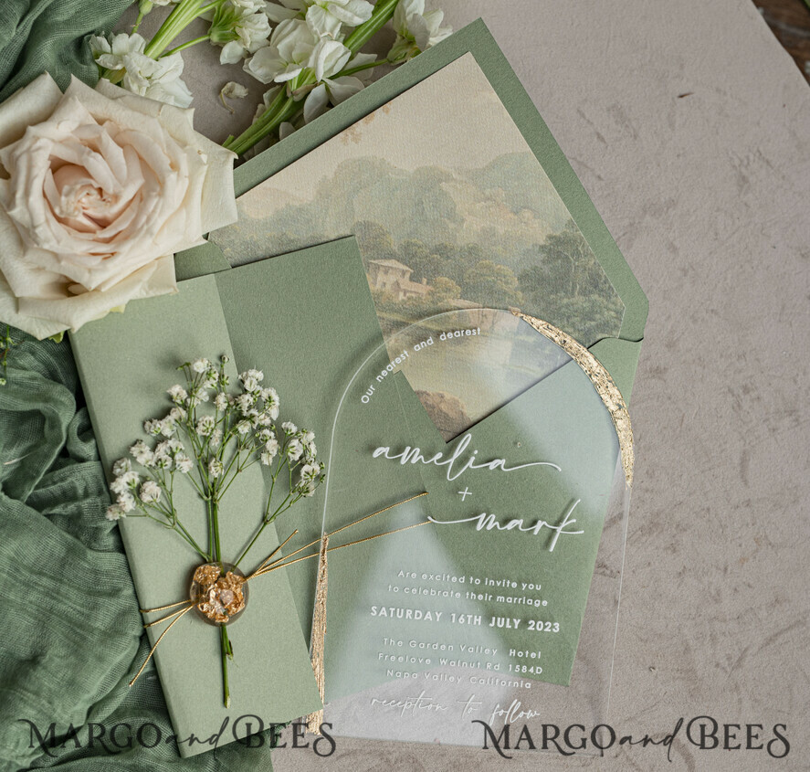 WEDDING INVITATIONS plexi acrylic mirror Sage Green Clear Arched Wedding Invitations, Elegant Garden Wedding Cards, Greenery Acrylic transparent Wedding Invites, Arch Plexi Wedding Invitation Suite