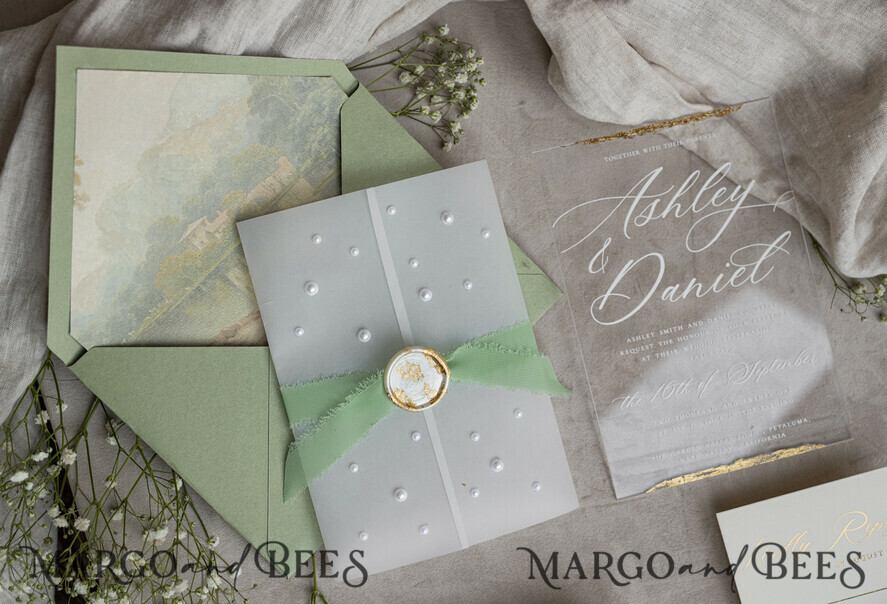 WEDDING INVITATIONS plexi acrylic mirror Ivory Beaded Wrapping Wedding Invitations, Elegant Clear Acrylic Wedding Cards, Plexi Transparent Wedding Invites, Wedding Invitation Suite with Pearls