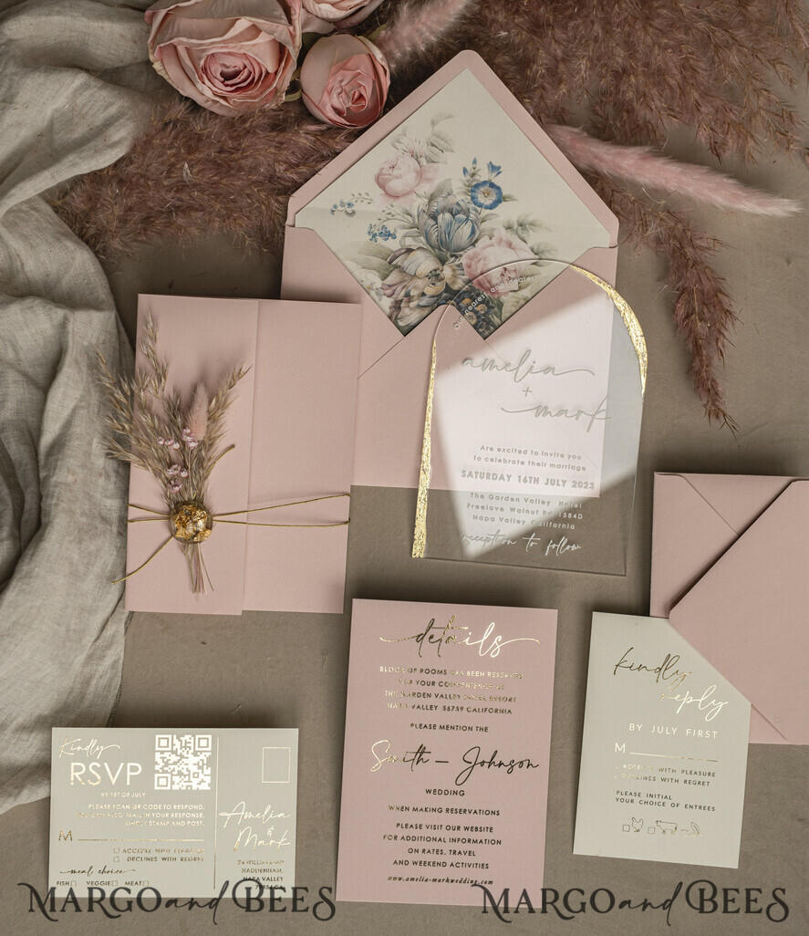 WEDDING INVITATIONS plexi acrylic mirror Blush Pink Clear Arched Wedding Invitations, Elegant Garden Wedding Cards, Nude Acrylic transparent Wedding Invites, Arch Plexi Wedding Invitation Suite