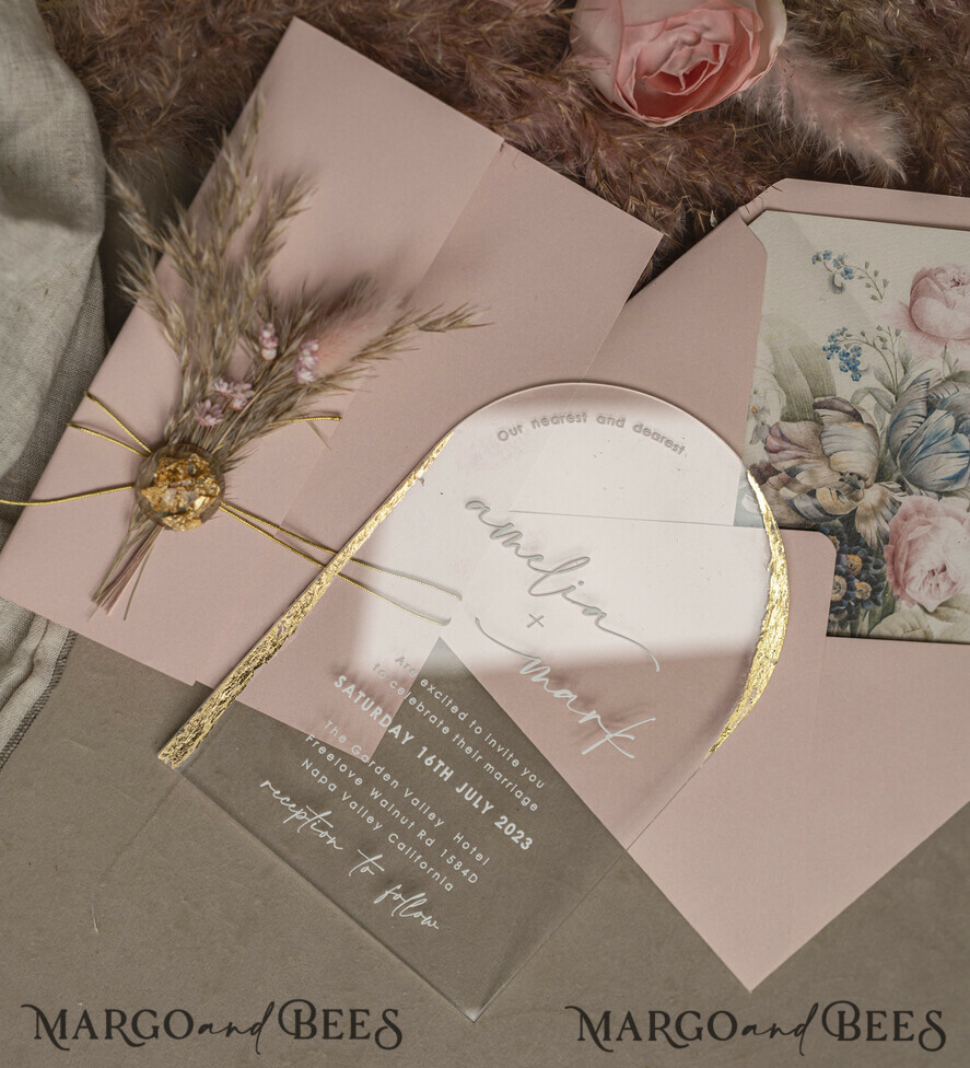 WEDDING INVITATIONS plexi acrylic mirror Blush Pink Clear Arched Wedding Invitations, Elegant Garden Wedding Cards, Nude Acrylic transparent Wedding Invites, Arch Plexi Wedding Invitation Suite