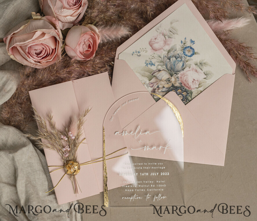 WEDDING INVITATIONS plexi acrylic mirror Blush Pink Clear Arched Wedding Invitations, Elegant Garden Wedding Cards, Nude Acrylic transparent Wedding Invites, Arch Plexi Wedding Invitation Suite
