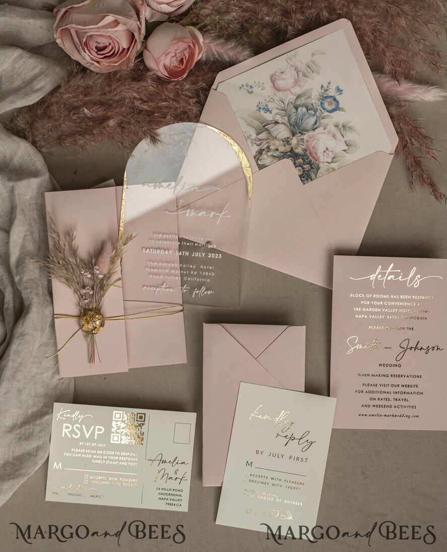 WEDDING INVITATIONS plexi acrylic mirror Blush Pink Clear Arched Wedding Invitations, Elegant Garden Wedding Cards, Nude Acrylic transparent Wedding Invites, Arch Plexi Wedding Invitation Suite
