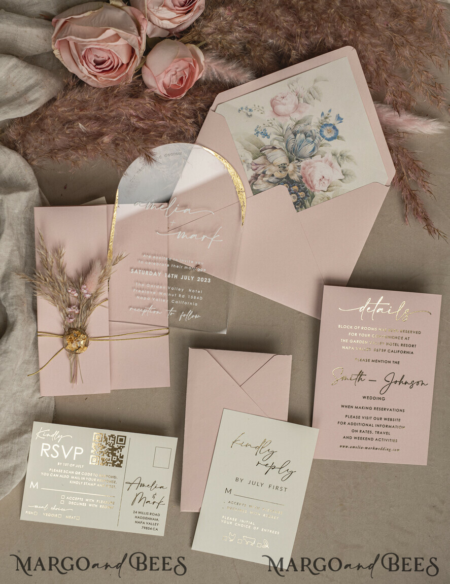 WEDDING INVITATIONS plexi acrylic mirror Blush Pink Clear Arched Wedding Invitations, Elegant Garden Wedding Cards, Nude Acrylic transparent Wedding Invites, Arch Plexi Wedding Invitation Suite