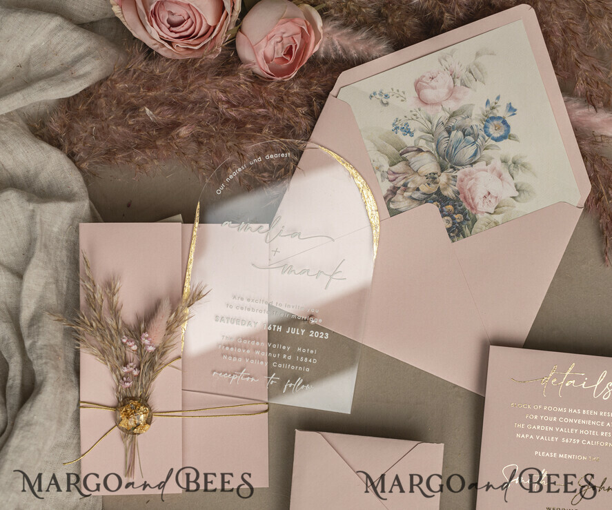 WEDDING INVITATIONS plexi acrylic mirror Blush Pink Clear Arched Wedding Invitations, Elegant Garden Wedding Cards, Nude Acrylic transparent Wedding Invites, Arch Plexi Wedding Invitation Suite