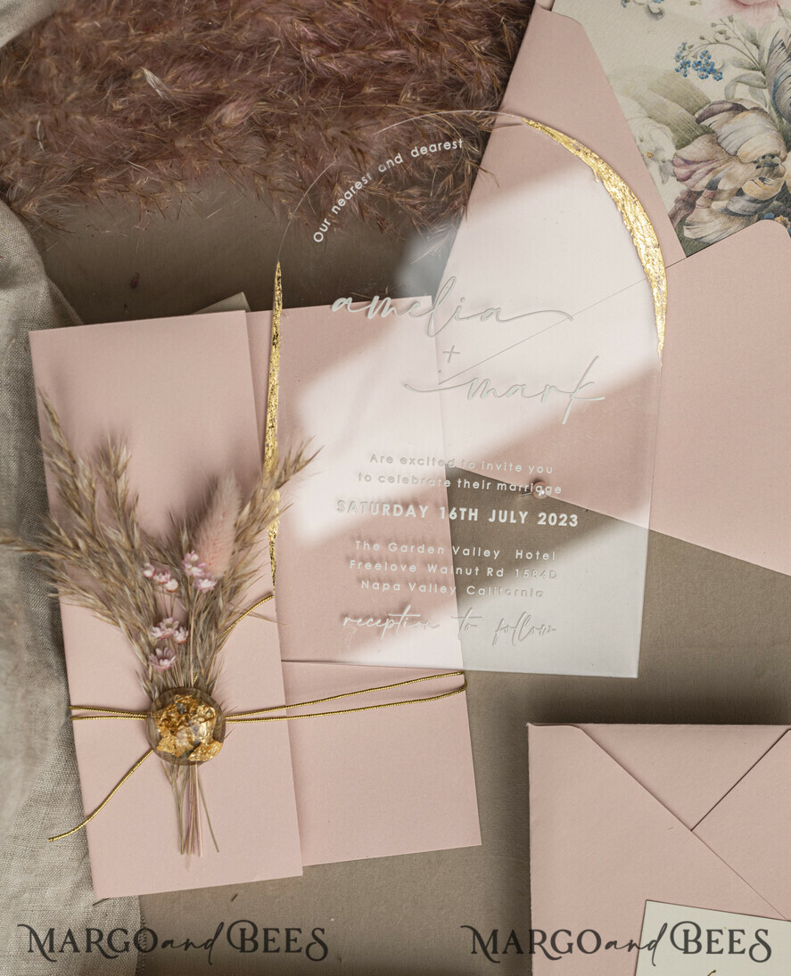 WEDDING INVITATIONS plexi acrylic mirror Blush Pink Clear Arched Wedding Invitations, Elegant Garden Wedding Cards, Nude Acrylic transparent Wedding Invites, Arch Plexi Wedding Invitation Suite