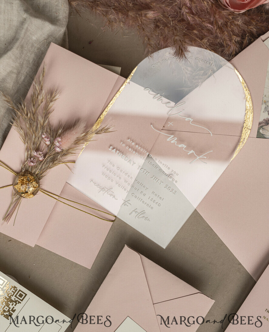 WEDDING INVITATIONS plexi acrylic mirror Blush Pink Clear Arched Wedding Invitations, Elegant Garden Wedding Cards, Nude Acrylic transparent Wedding Invites, Arch Plexi Wedding Invitation Suite